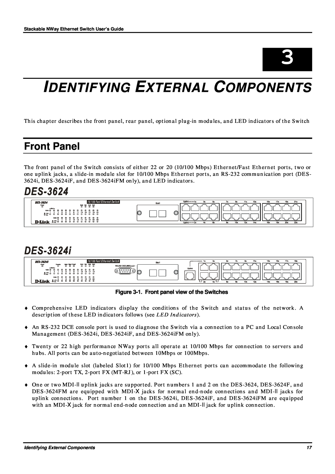 D-Link DES-3624 manual Identifying External Components, Front Panel, 1. Front panel view of the Switches 
