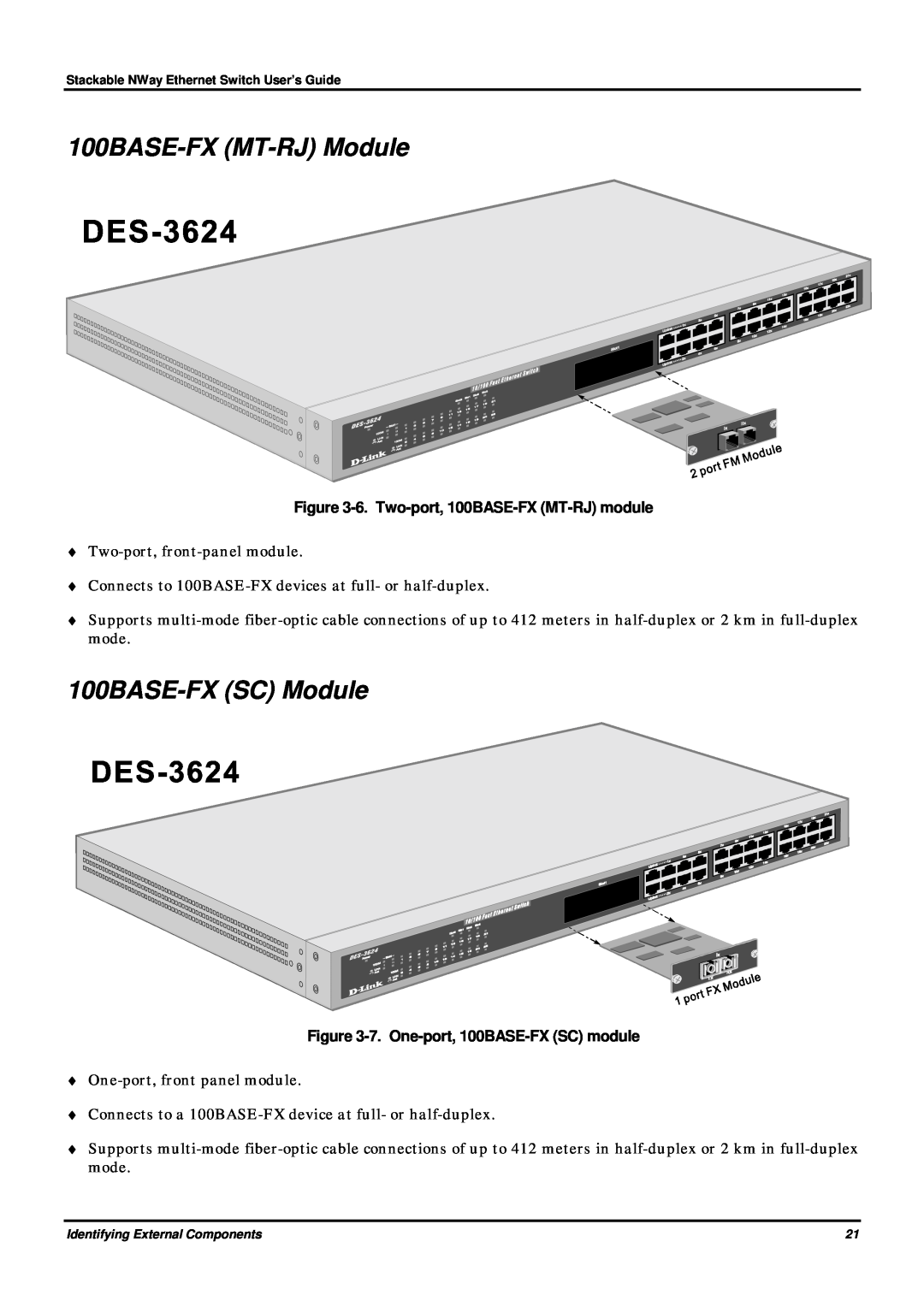 D-Link DES-3624 manual 100BASE-FX MT-RJ Module, 100BASE-FX SC Module, 6. Two-port, 100BASE-FX MT-RJ module 