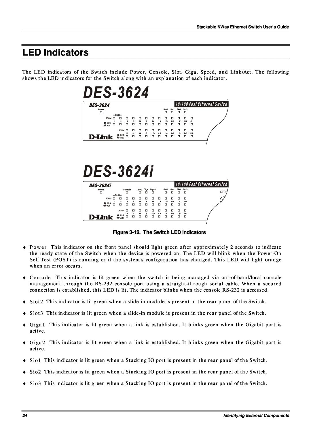 D-Link DES-3624 manual LED Indicators, 12. The Switch LED indicators 
