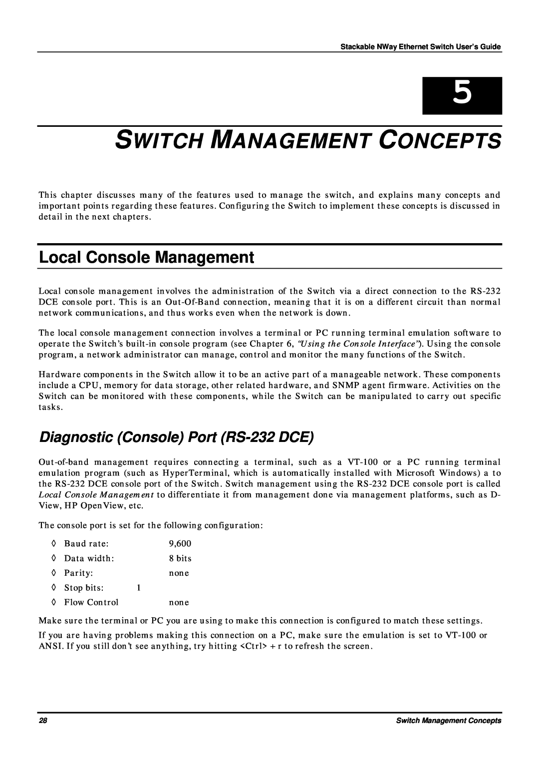 D-Link DES-3624 manual Switch Management Concepts, Local Console Management, Diagnostic Console Port RS-232 DCE 