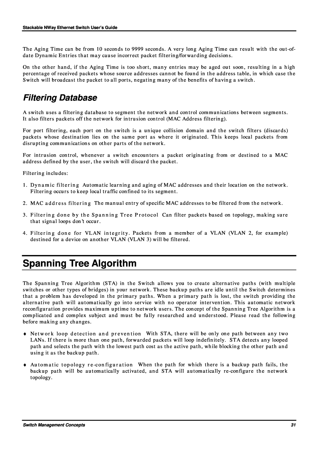D-Link DES-3624 manual Spanning Tree Algorithm, Filtering Database 