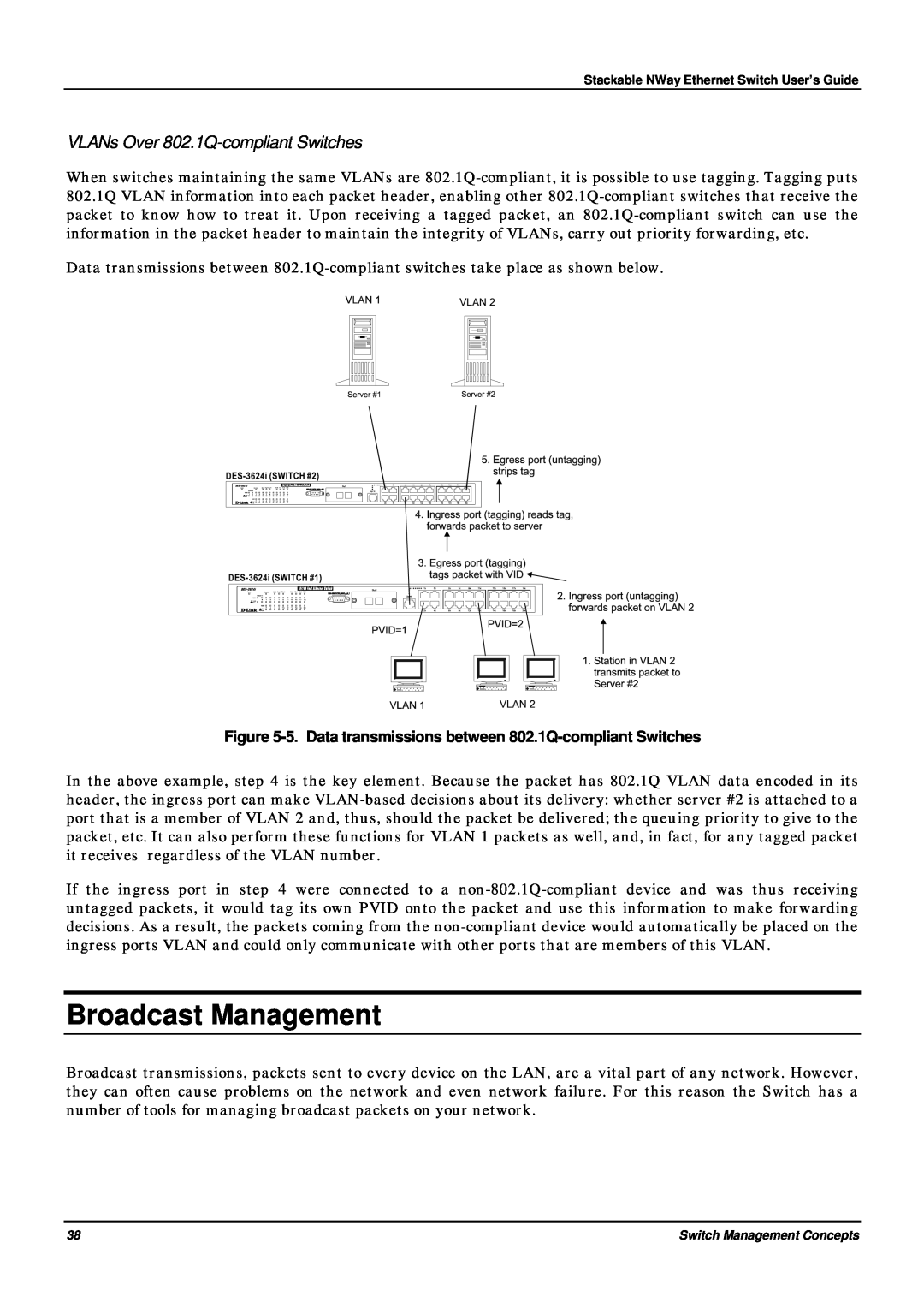 D-Link DES-3624 manual Broadcast Management, VLANs Over 802.1Q-compliant Switches 