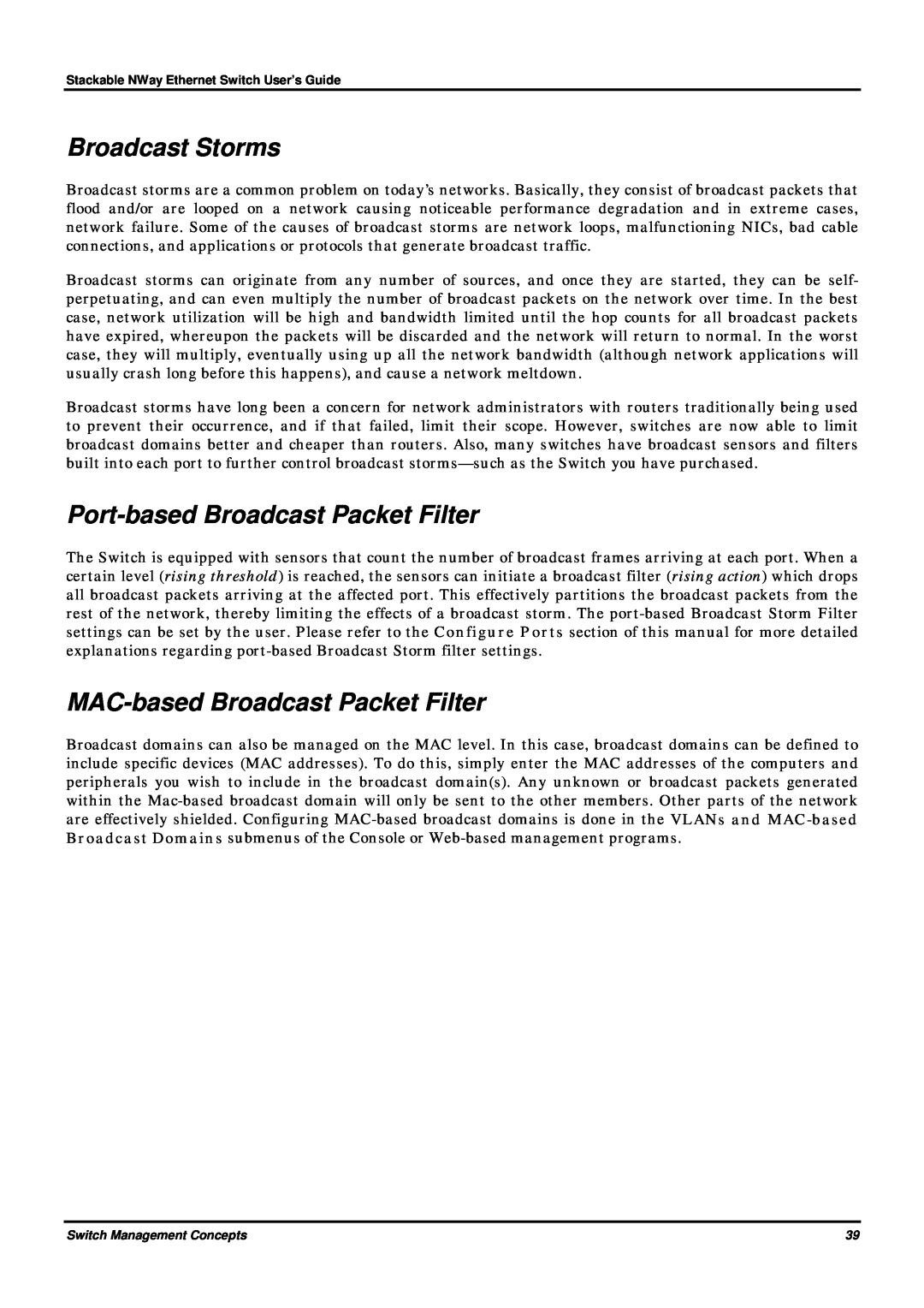 D-Link DES-3624 manual Broadcast Storms, Port-based Broadcast Packet Filter, MAC-based Broadcast Packet Filter 