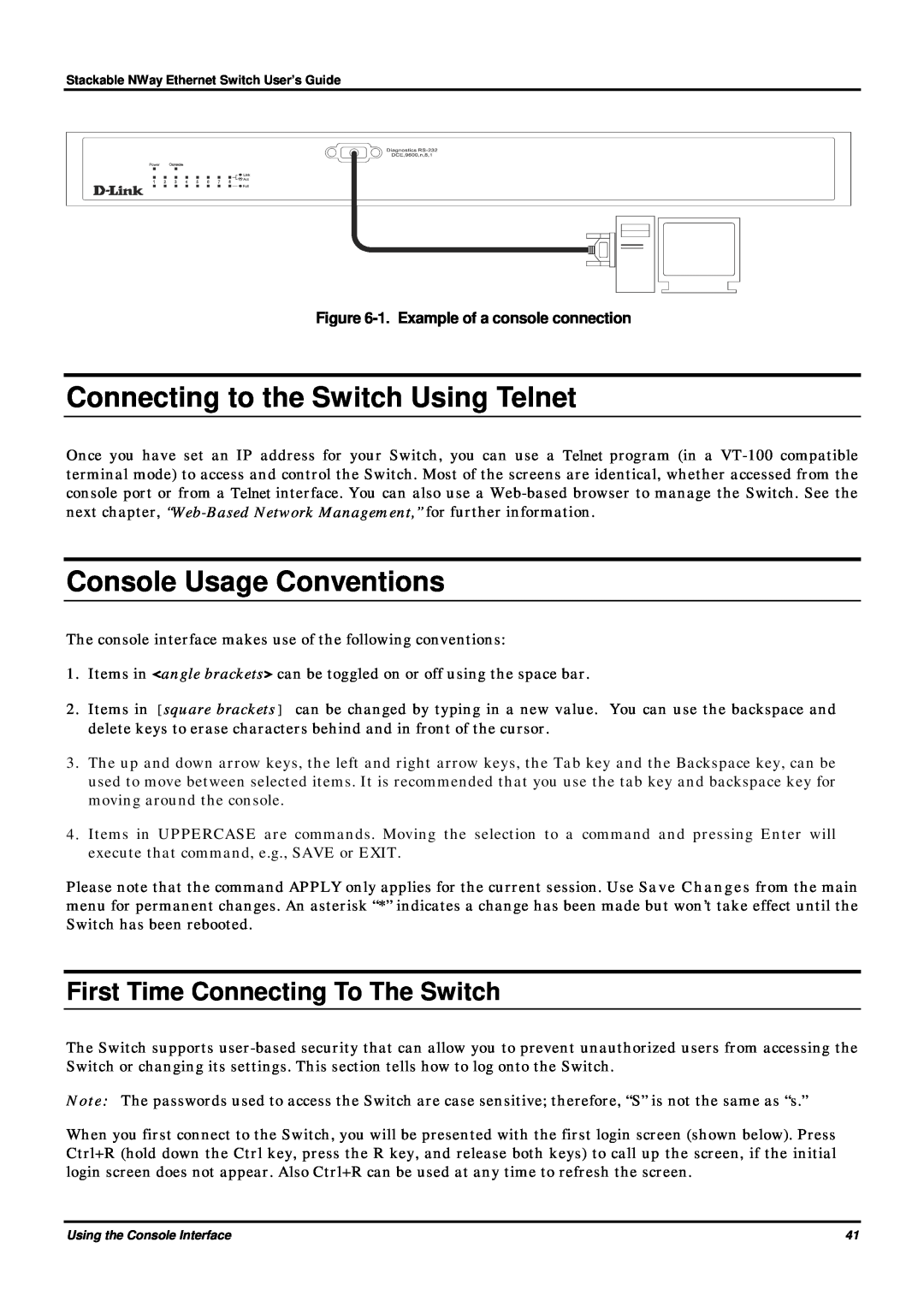 D-Link DES-3624 manual Connecting to the Switch Using Telnet, Console Usage Conventions, 1. Example of a console connection 