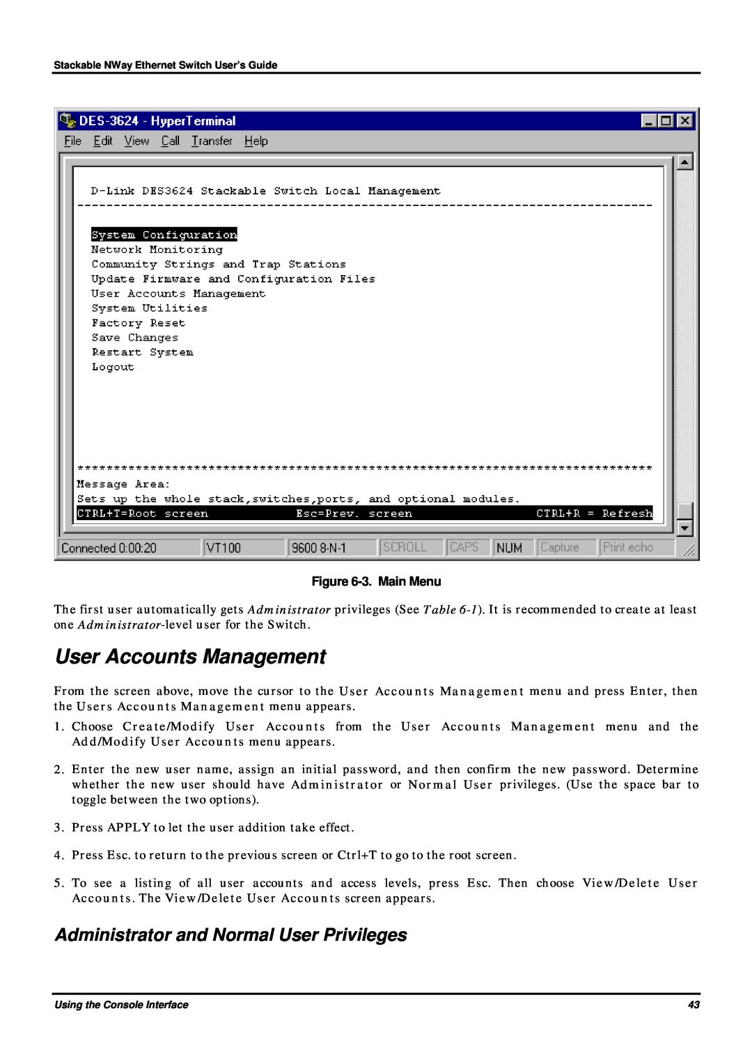 D-Link DES-3624 manual User Accounts Management, 3. Main Menu, Administrator and Normal User Privileges 