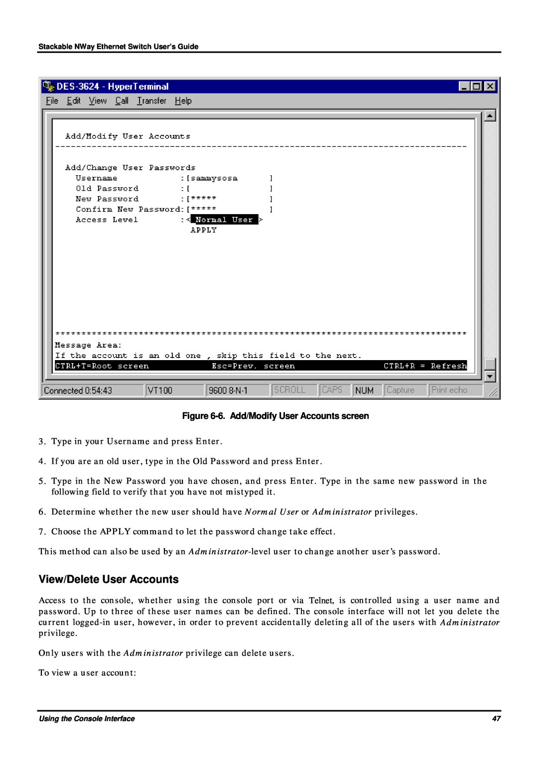 D-Link DES-3624 manual View/Delete User Accounts, 6. Add/Modify User Accounts screen 