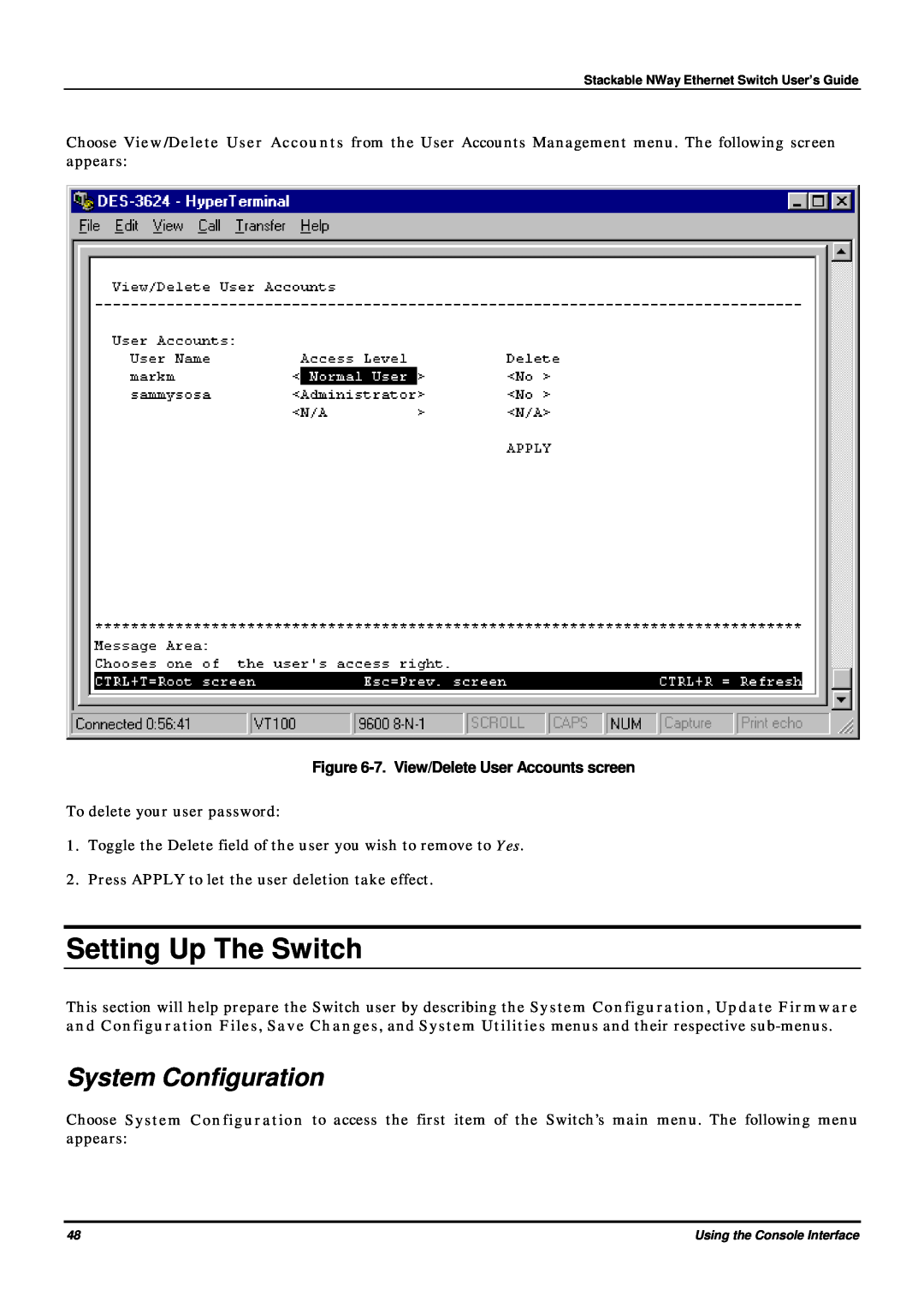 D-Link DES-3624 manual Setting Up The Switch, System Configuration, 7. View/Delete User Accounts screen 