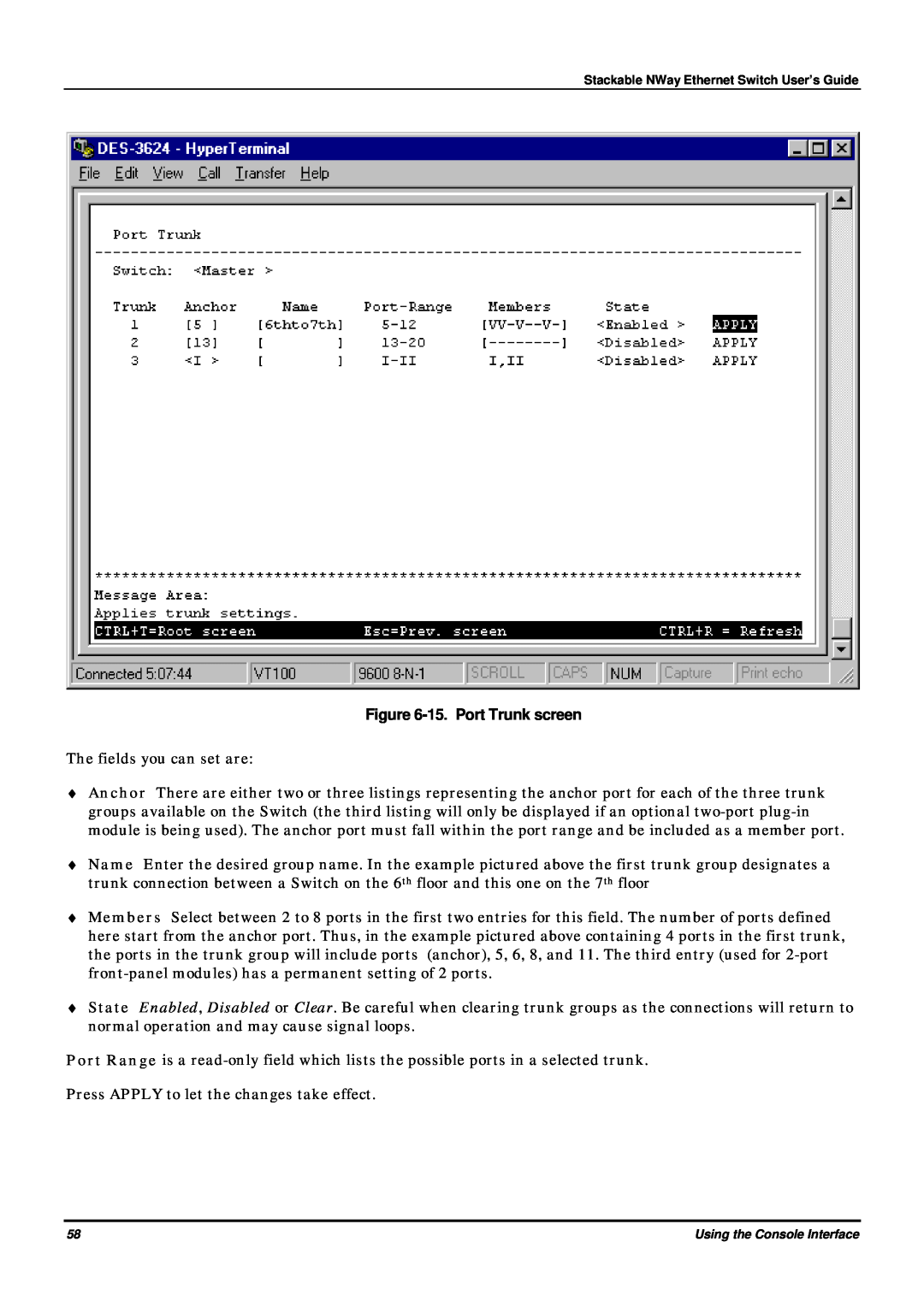 D-Link DES-3624 manual 15. Port Trunk screen 