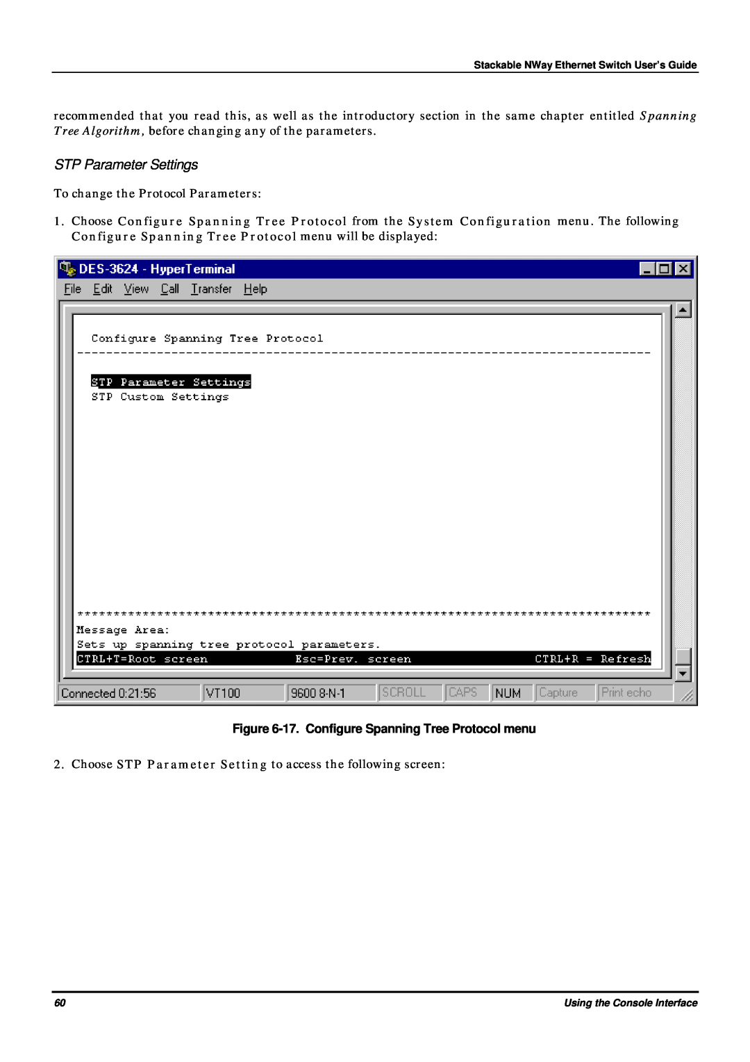 D-Link DES-3624 manual STP Parameter Settings, 17. Configure Spanning Tree Protocol menu 