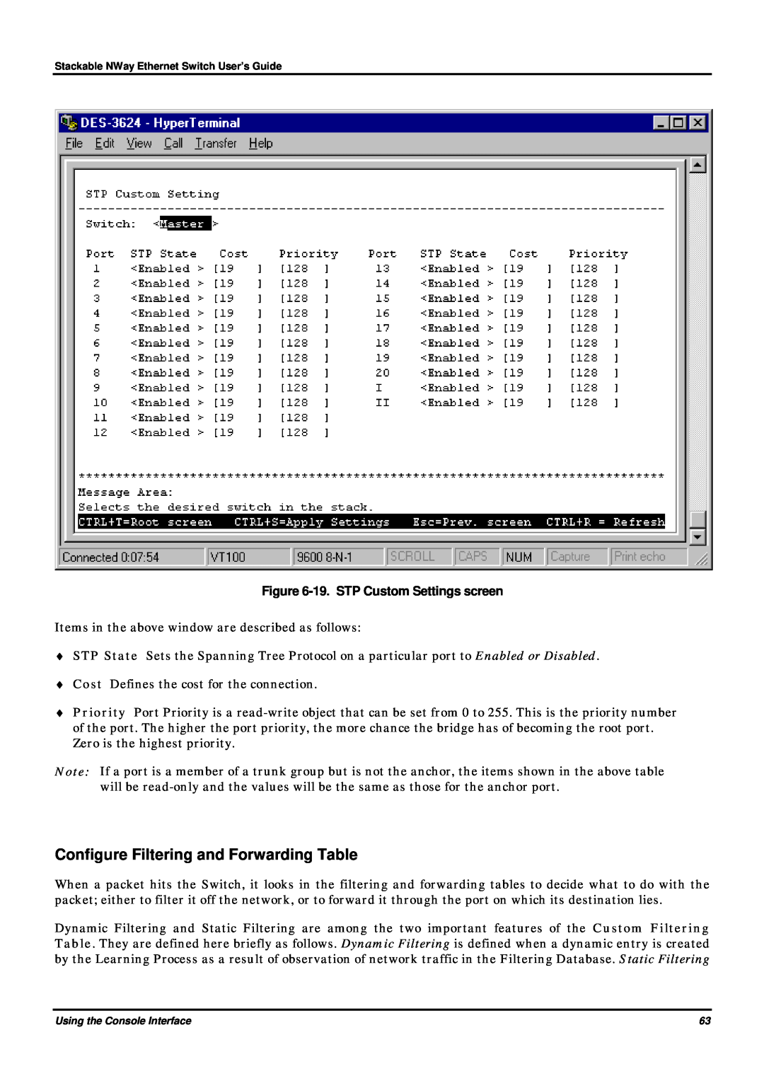 D-Link DES-3624 manual Configure Filtering and Forwarding Table, 19. STP Custom Settings screen 