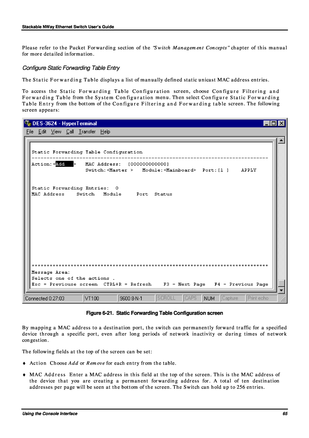 D-Link DES-3624 manual Configure Static Forwarding Table Entry, 21. Static Forwarding Table Configuration screen 