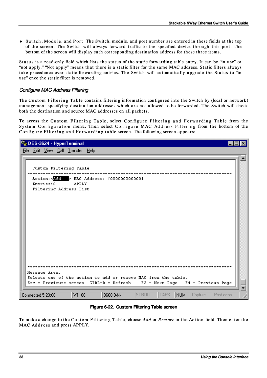 D-Link DES-3624 manual Configure MAC Address Filtering, 22. Custom Filtering Table screen 