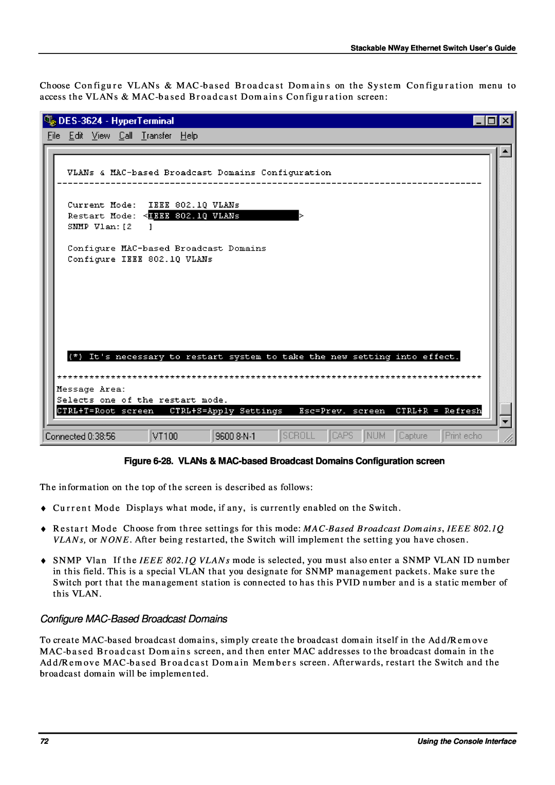 D-Link DES-3624 manual Configure MAC-Based Broadcast Domains, 28. VLANs & MAC-based Broadcast Domains Configuration screen 