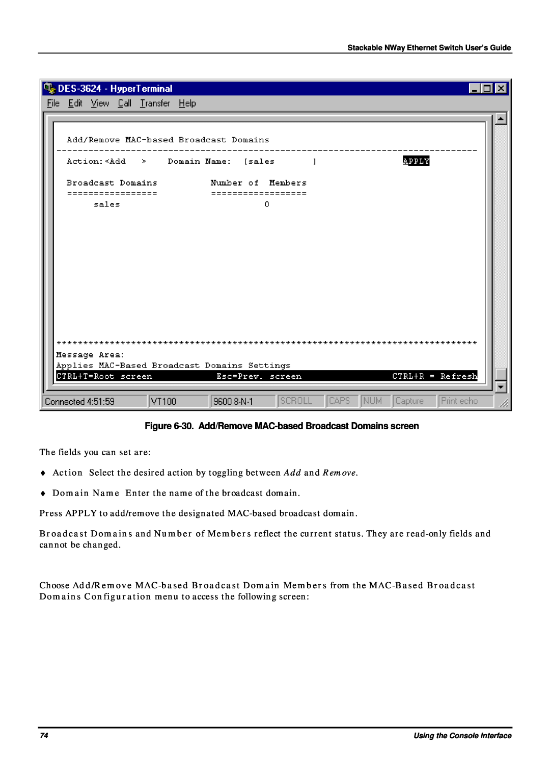 D-Link DES-3624 manual 30. Add/Remove MAC-based Broadcast Domains screen 