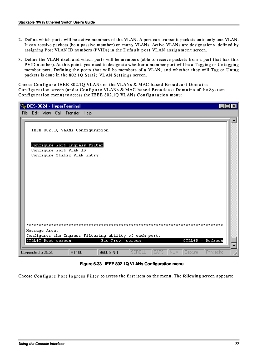 D-Link DES-3624 manual 33. IEEE 802.1Q VLANs Configuration menu 