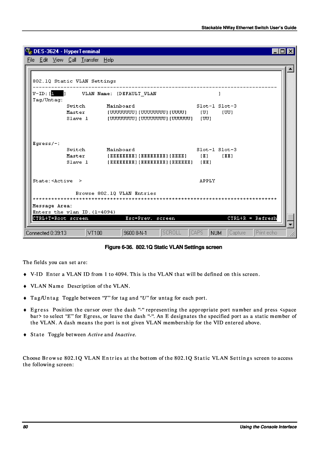 D-Link DES-3624 manual 36. 802.1Q Static VLAN Settings screen 