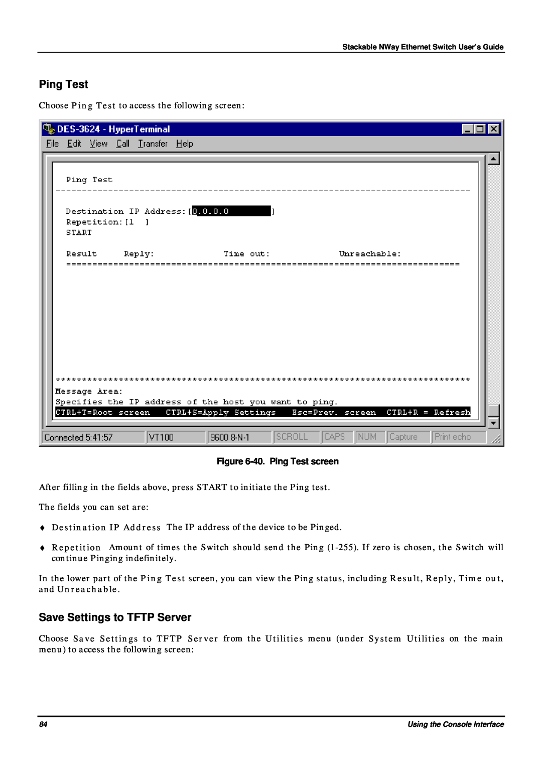 D-Link DES-3624 manual Save Settings to TFTP Server, 40. Ping Test screen 