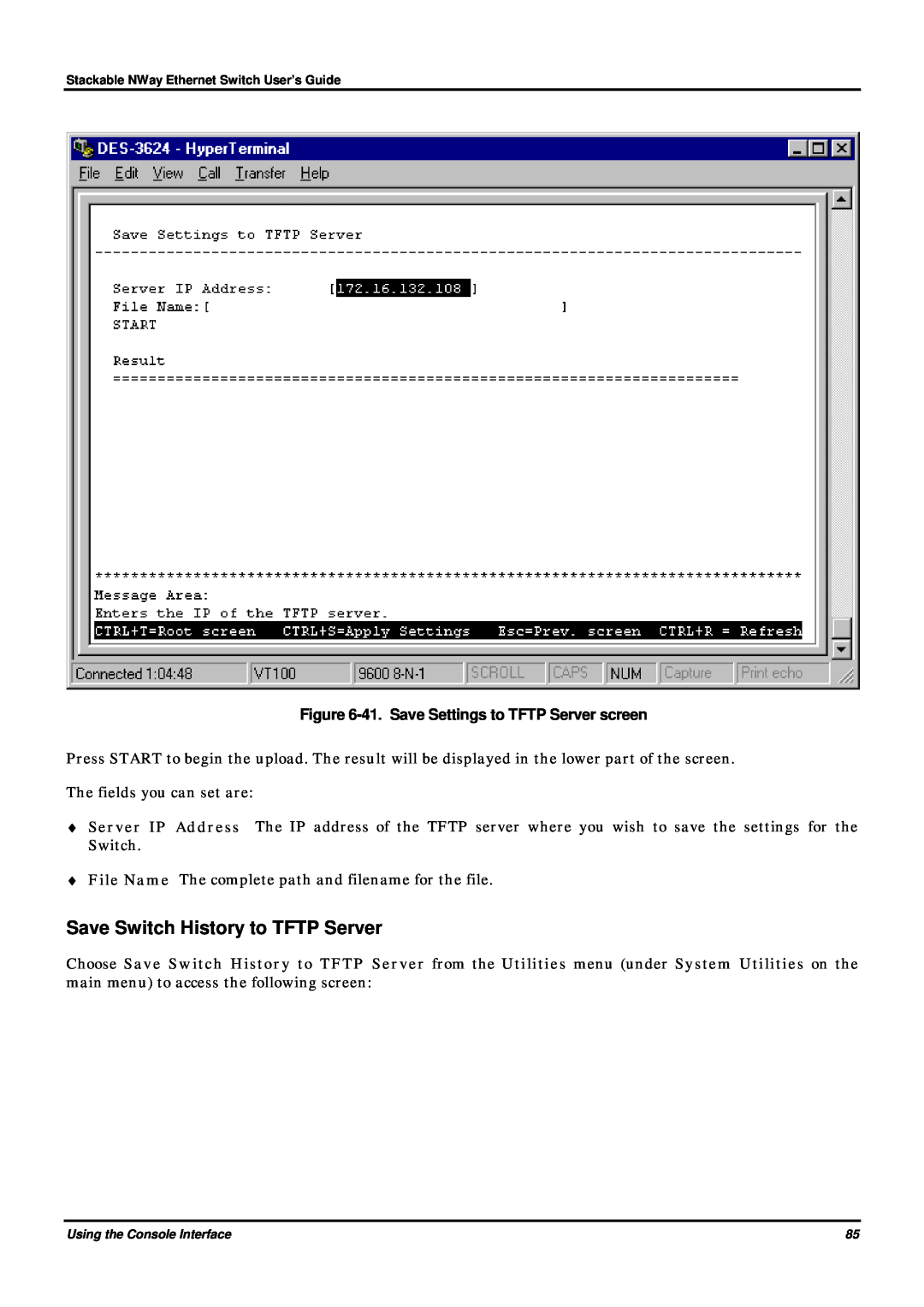 D-Link DES-3624 manual Save Switch History to TFTP Server, 41. Save Settings to TFTP Server screen 