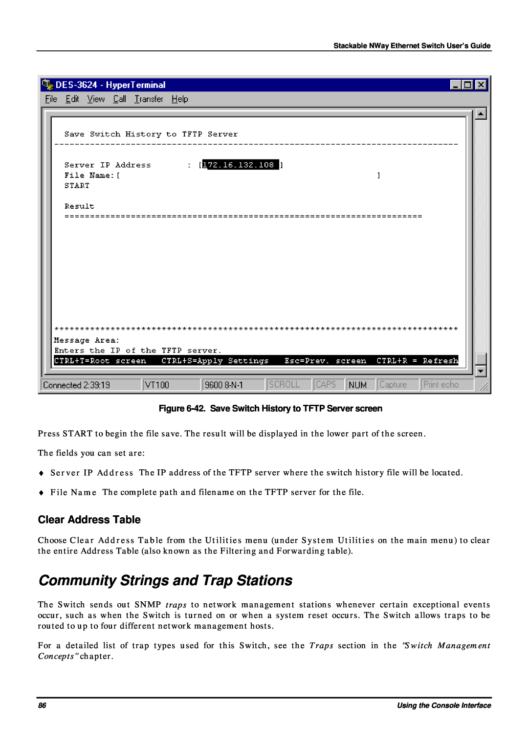 D-Link DES-3624 Community Strings and Trap Stations, Clear Address Table, 42. Save Switch History to TFTP Server screen 