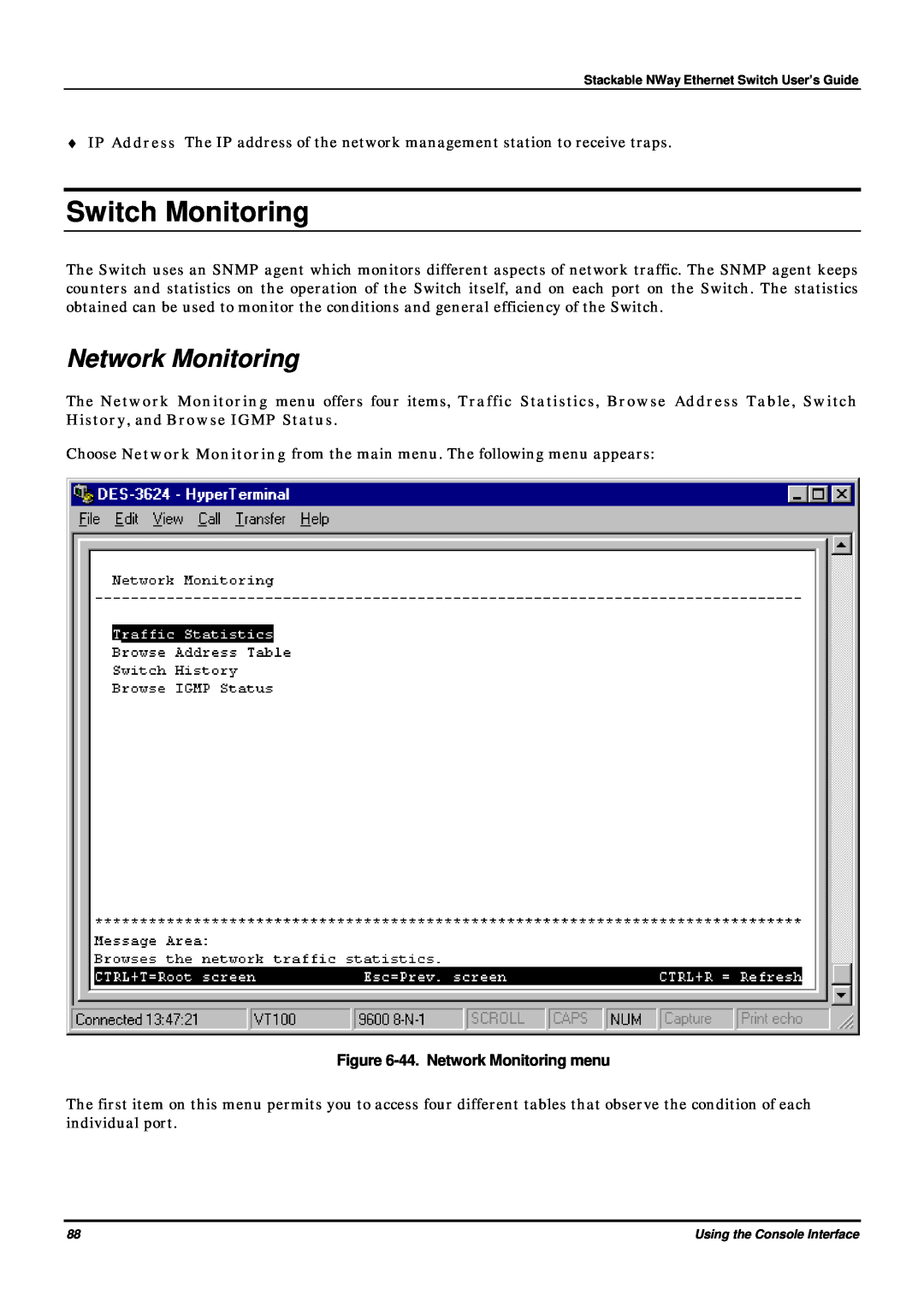 D-Link DES-3624 manual Switch Monitoring, 44. Network Monitoring menu 