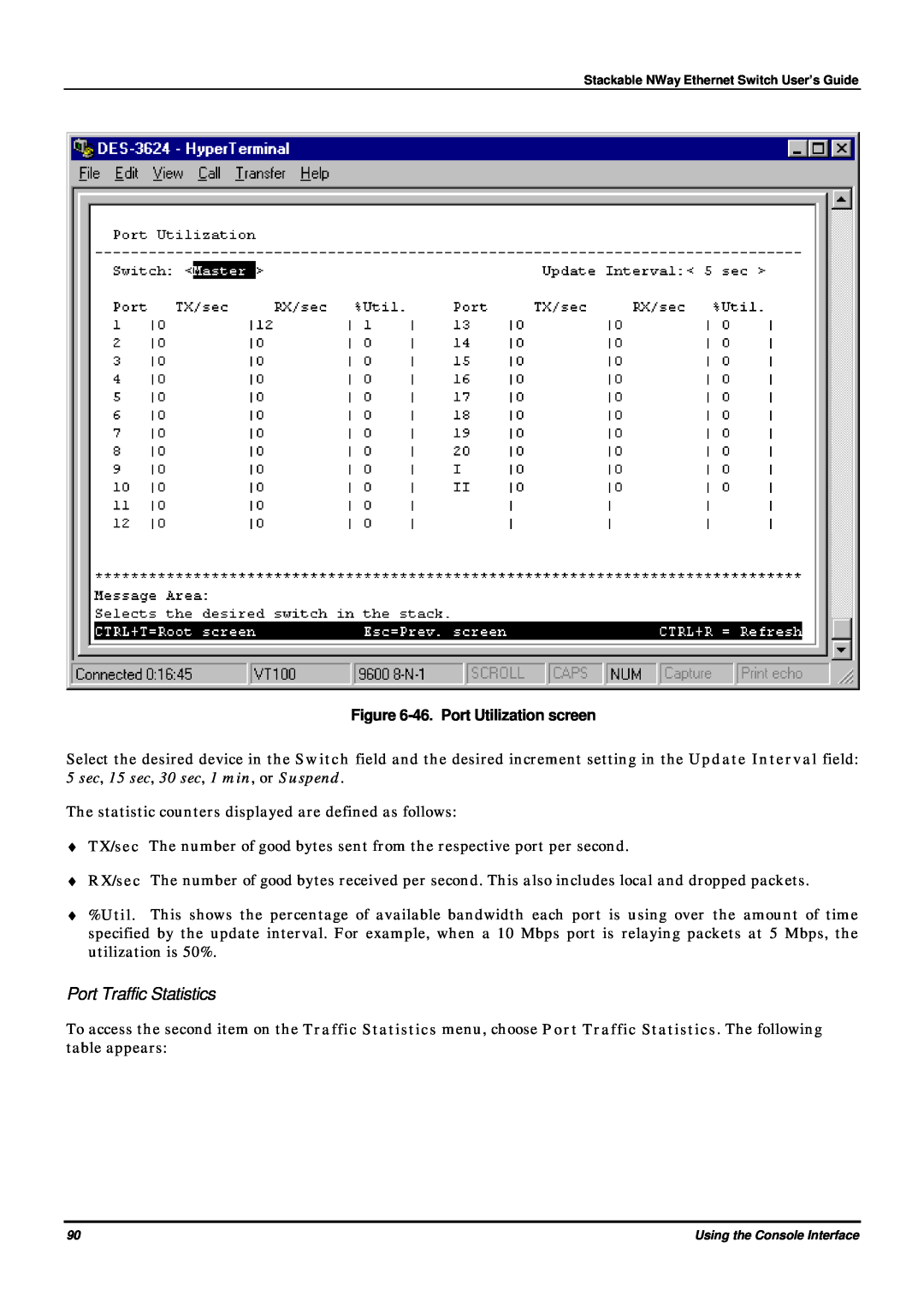D-Link DES-3624 manual Port Traffic Statistics, 46. Port Utilization screen 