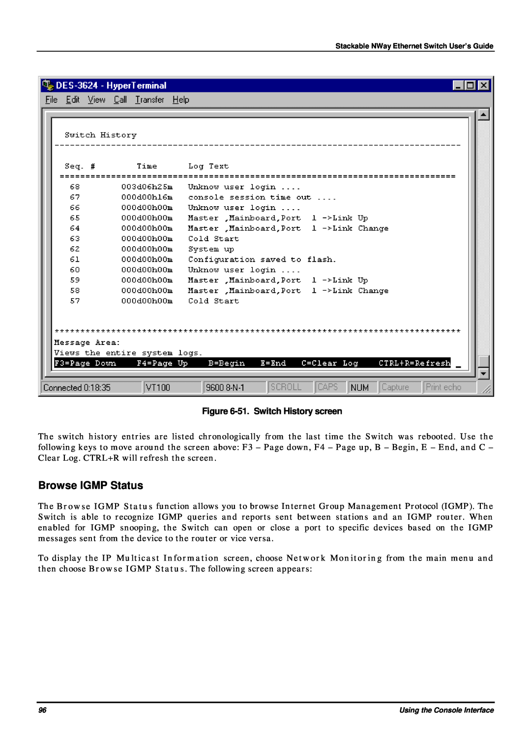 D-Link DES-3624 manual Browse IGMP Status, 51. Switch History screen 