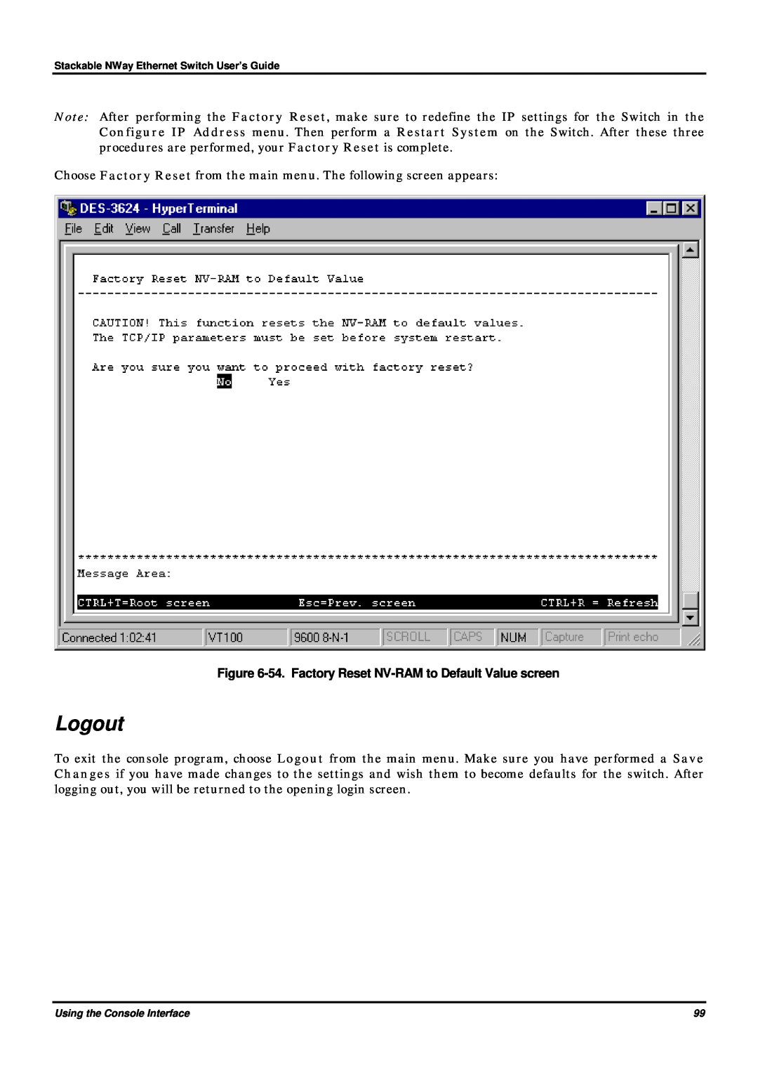 D-Link DES-3624 manual Logout, 54. Factory Reset NV-RAM to Default Value screen 
