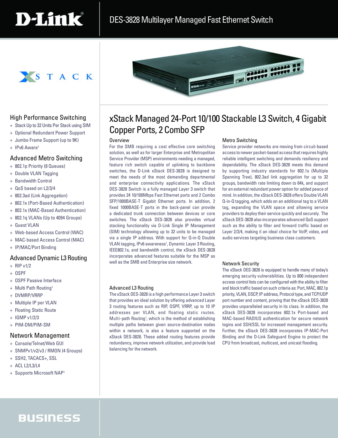 D-Link manual DES-3828 Multilayer Managed Fast Ethernet Switch, High Performance Switching, Advanced Metro Switching 