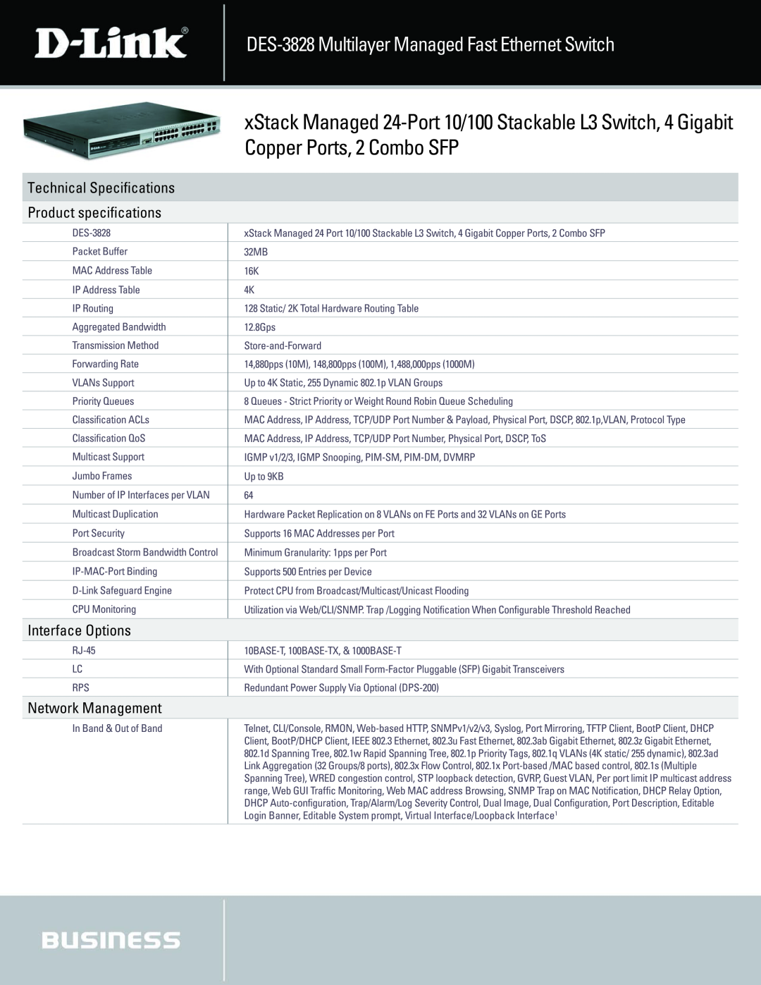 D-Link DES-3828 manual Technical Specifications Product specifications, Interface Options, Network Management 