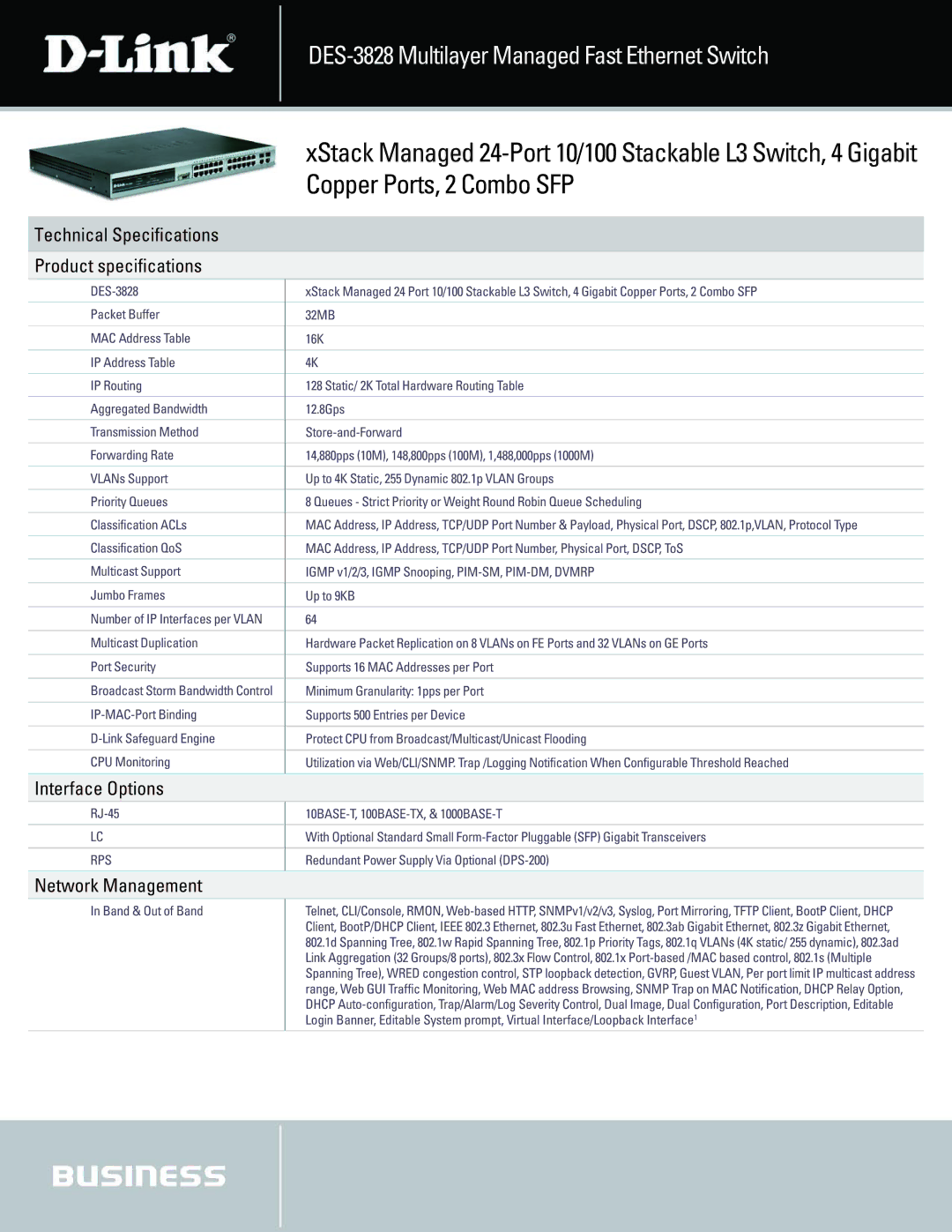 D-Link DES-3828 manual Technical Specifications Product specifications, Interface Options, Rps 