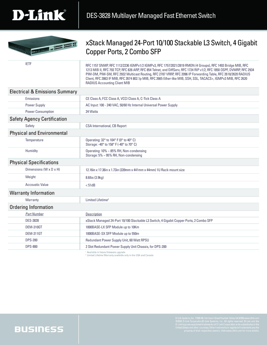 D-Link DES-3828 manual Electrical & Emissions Summary, Safety Agency Certification, Physical and Environmental 