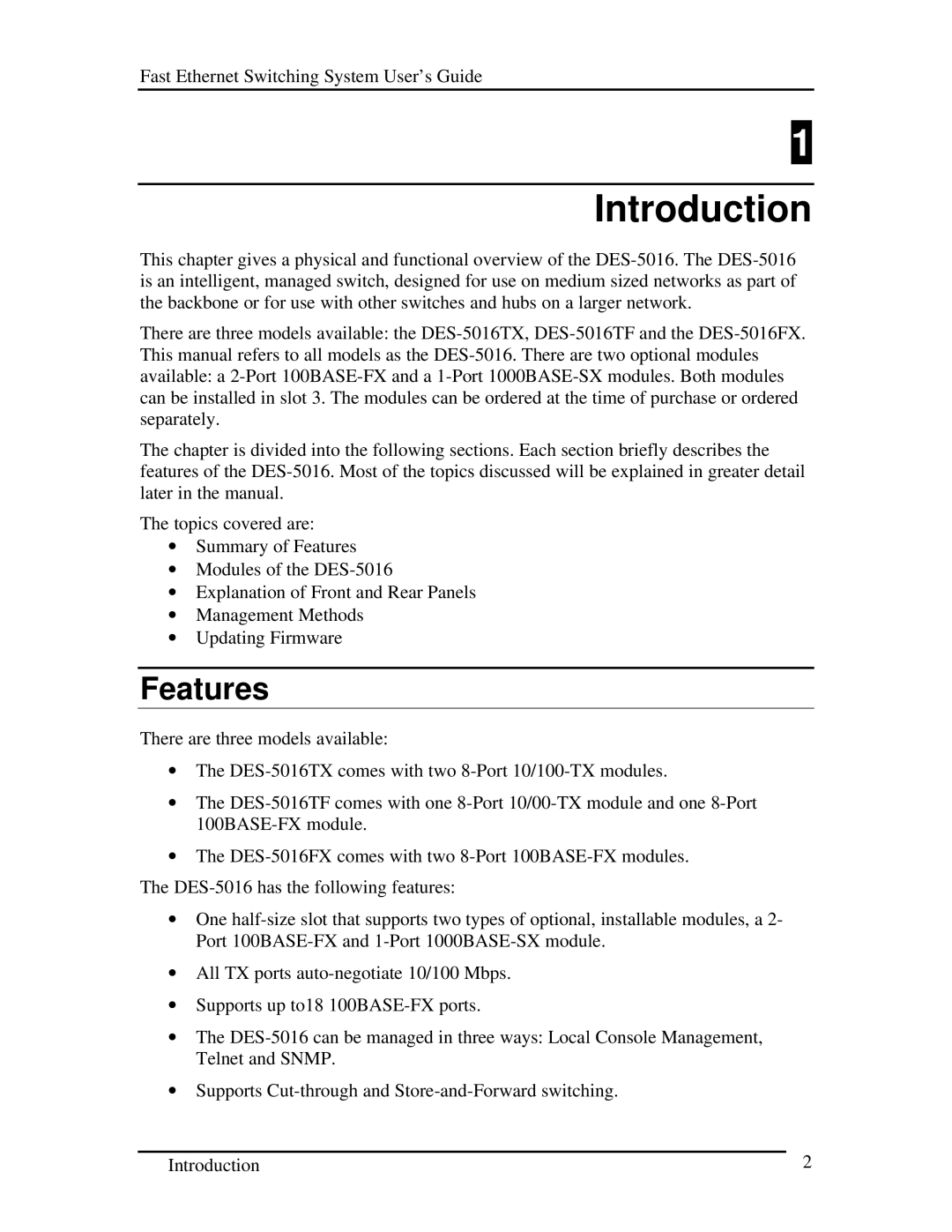 D-Link DES-5016 manual Introduction, Features 