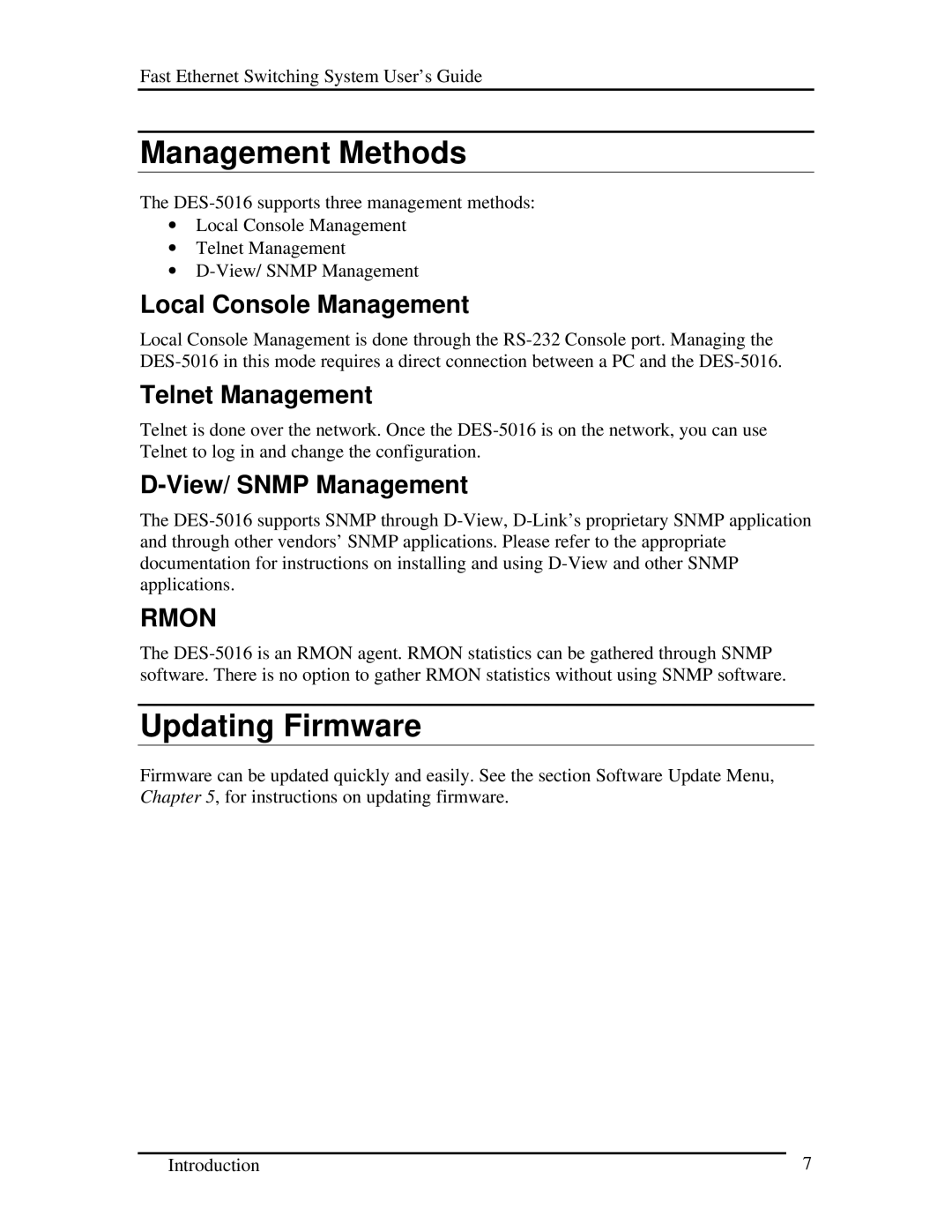 D-Link DES-5016 Management Methods, Updating Firmware, Local Console Management, Telnet Management, View/ Snmp Management 