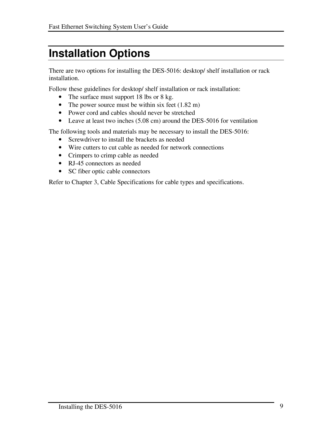 D-Link DES-5016 manual Installation Options 