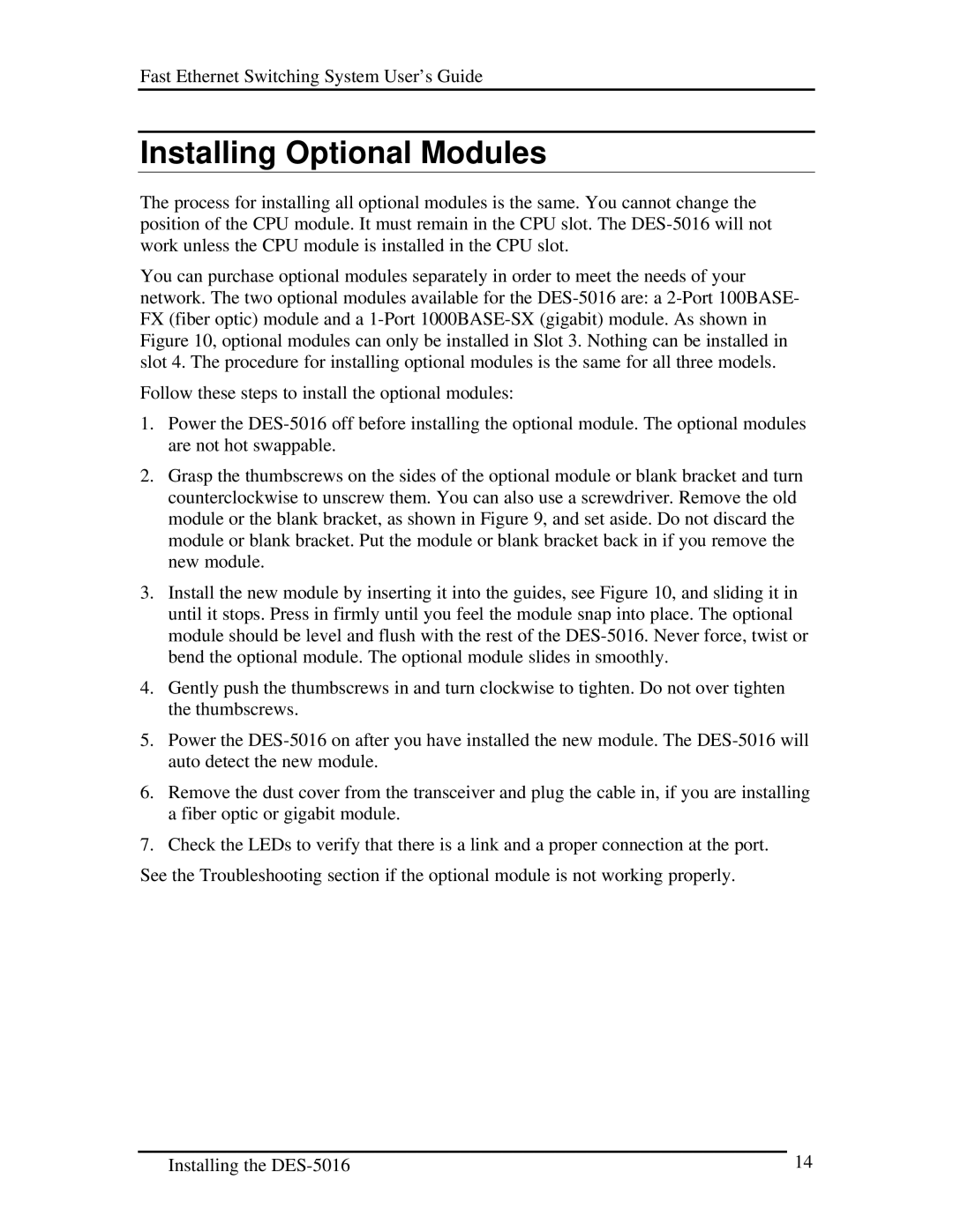 D-Link DES-5016 manual Installing Optional Modules 