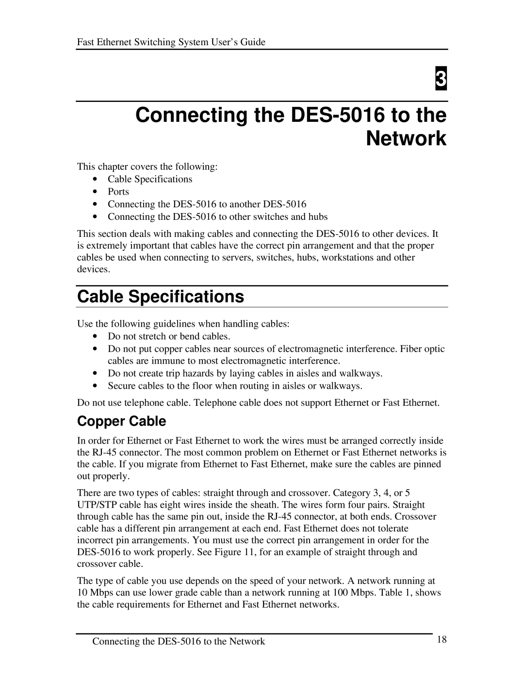 D-Link manual Connecting the DES-5016 to the Network, Cable Specifications, Copper Cable 