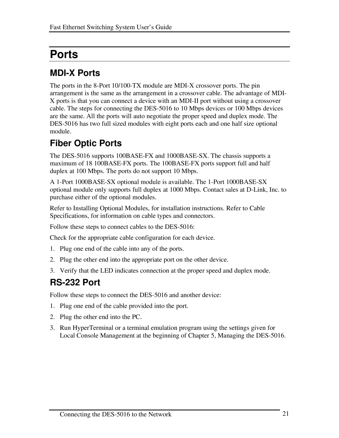 D-Link DES-5016 manual MDI-X Ports, Fiber Optic Ports, RS-232 Port 