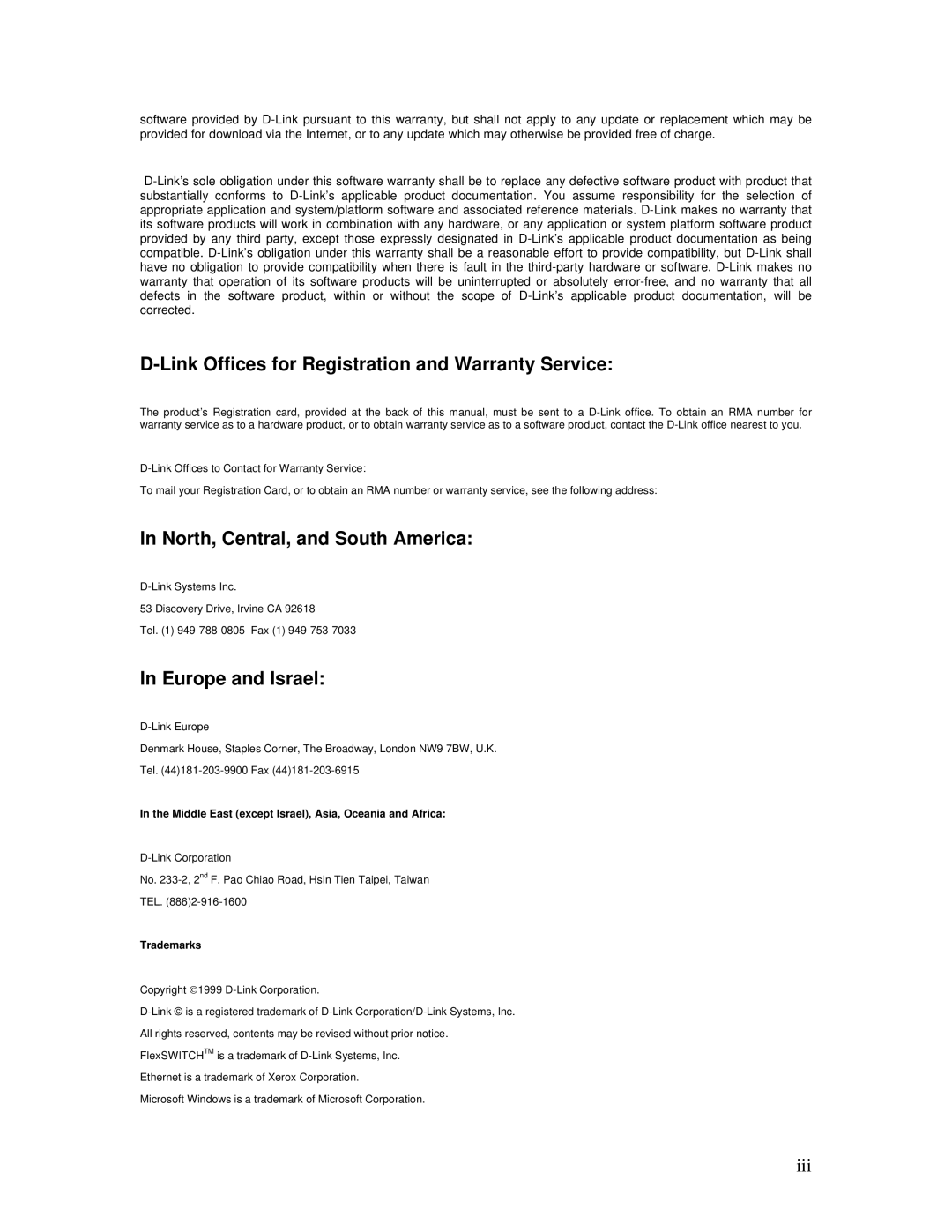 D-Link DES-5016 Link Offices for Registration and Warranty Service, North, Central, and South America, Europe and Israel 