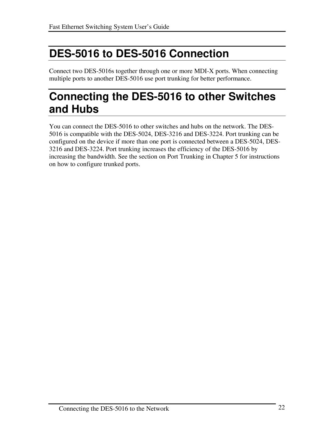 D-Link manual DES-5016 to DES-5016 Connection, Connecting the DES-5016 to other Switches and Hubs 