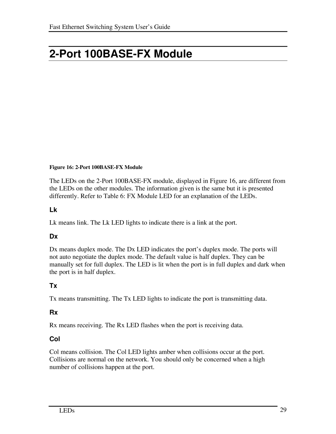 D-Link DES-5016 manual Port 100BASE-FX Module, Col 