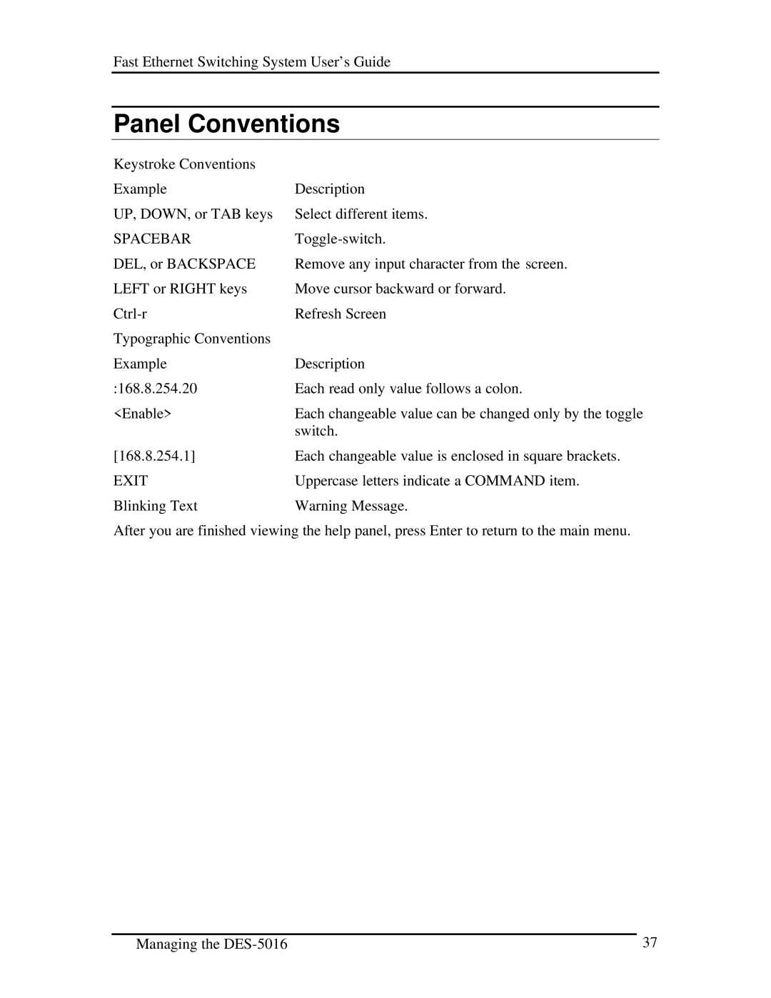 D-Link DES-5016 manual Panel Conventions, Spacebar 