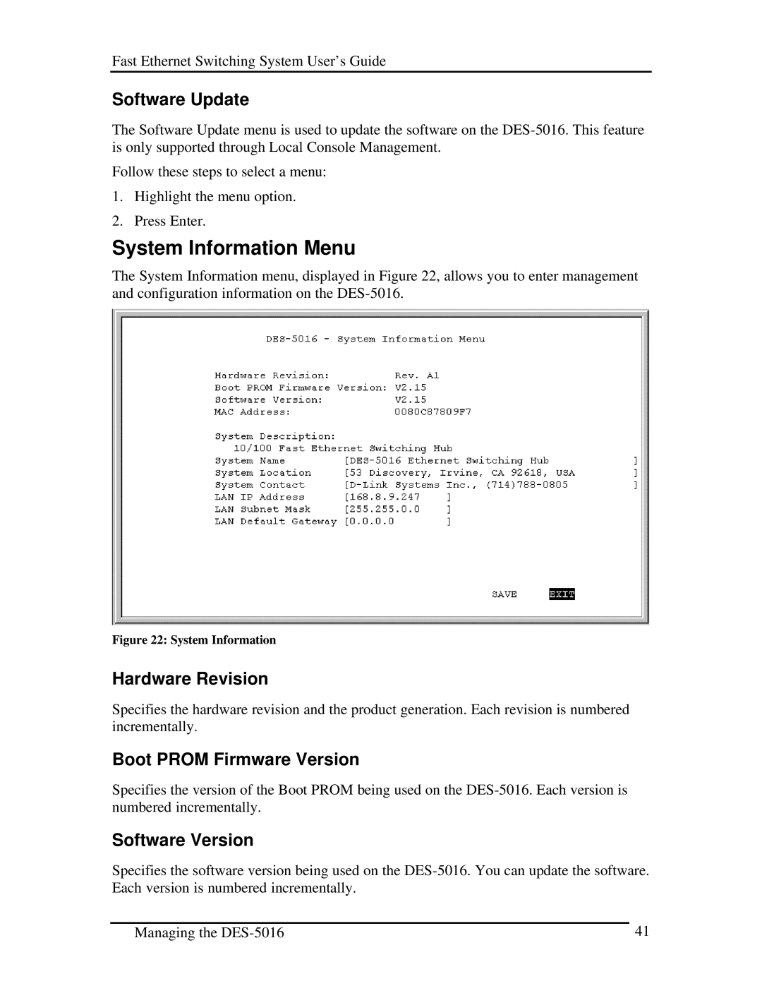 D-Link DES-5016 System Information Menu, Software Update, Hardware Revision, Boot Prom Firmware Version, Software Version 