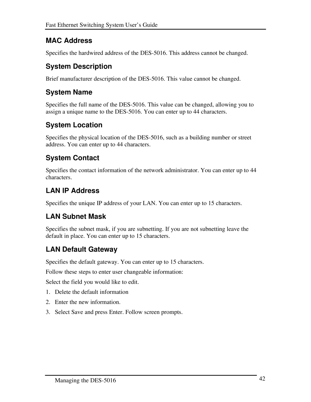 D-Link DES-5016 manual MAC Address, System Description, System Name, System Location, System Contact, LAN IP Address 