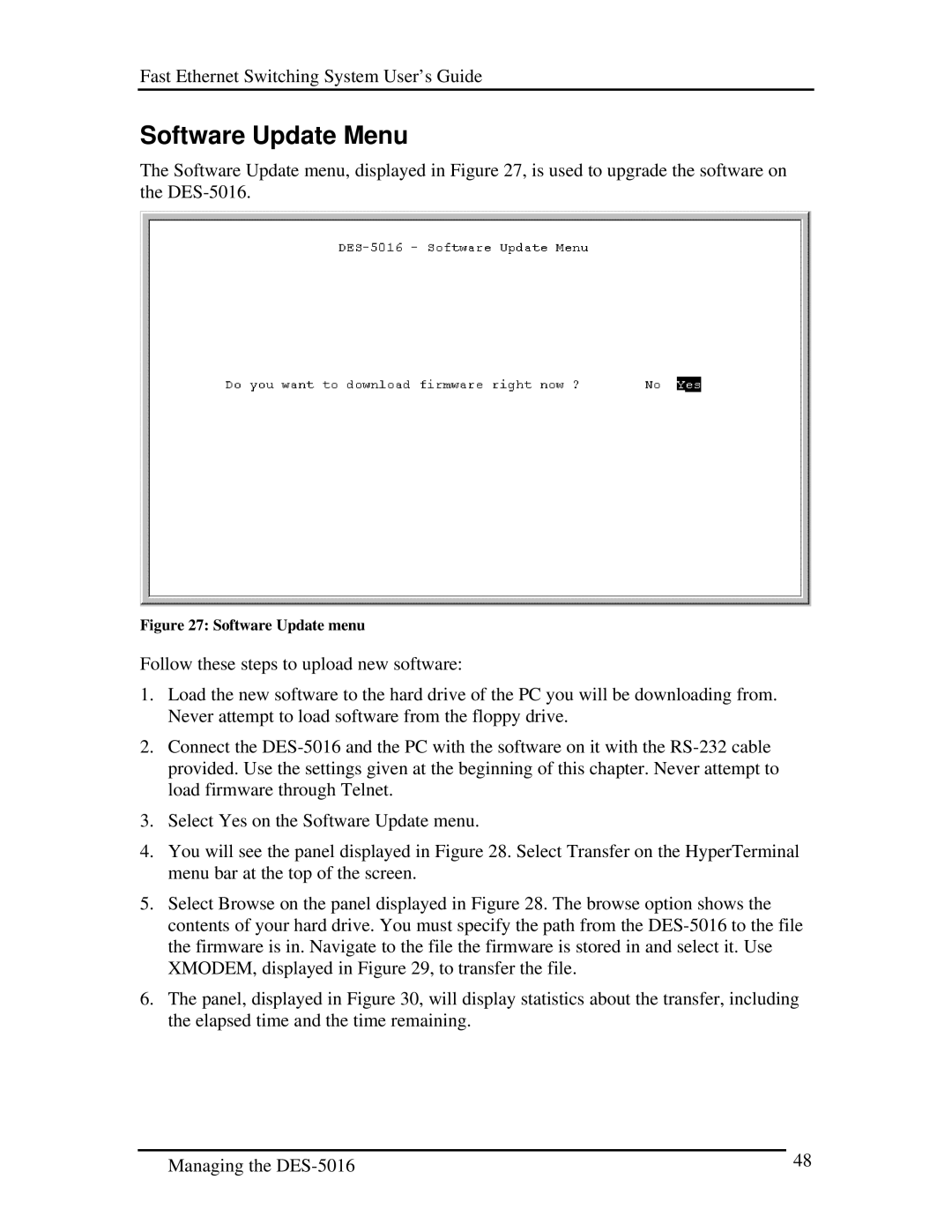 D-Link DES-5016 manual Software Update Menu, Software Update menu 