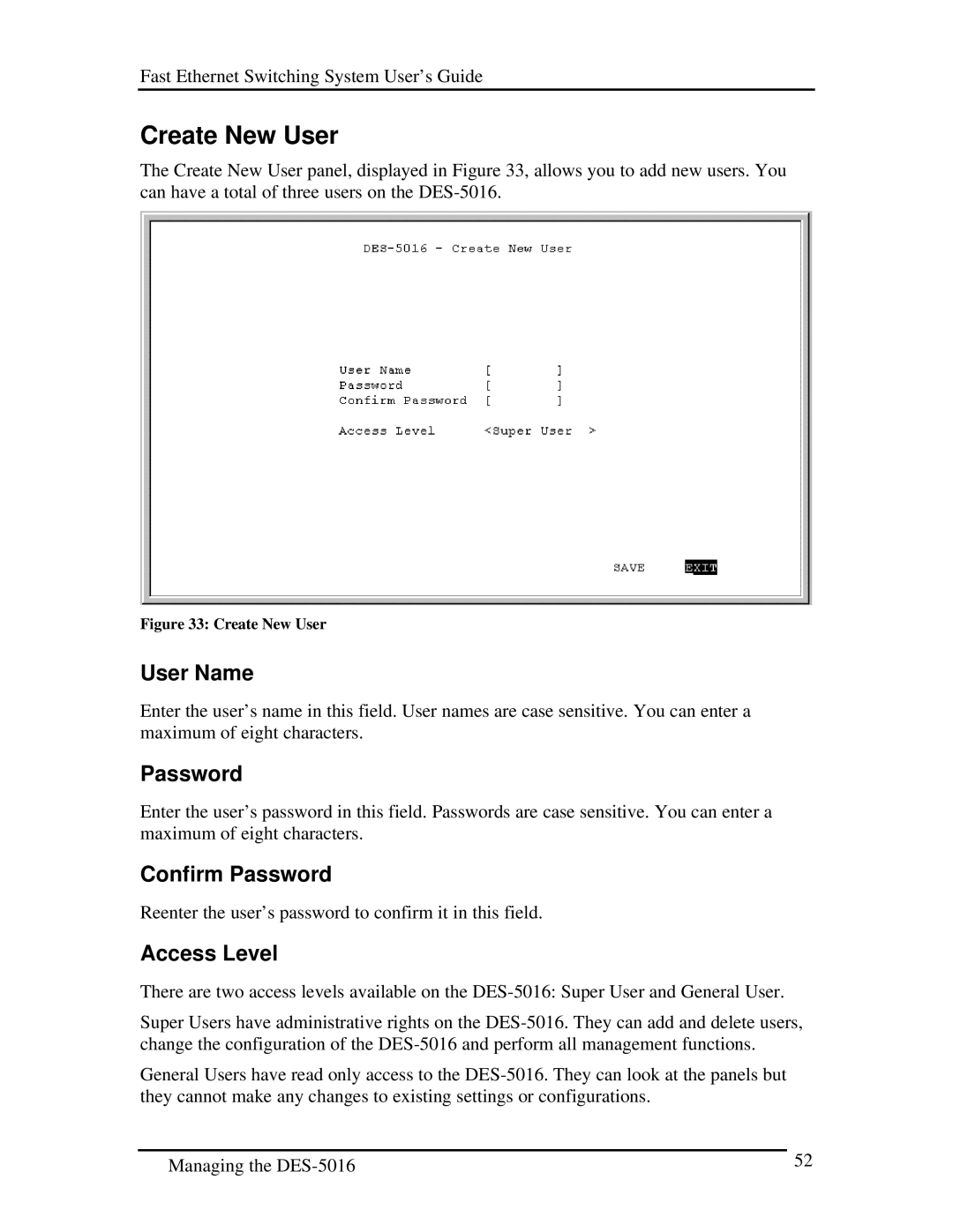 D-Link DES-5016 manual Create New User, User Name, Confirm Password, Access Level 