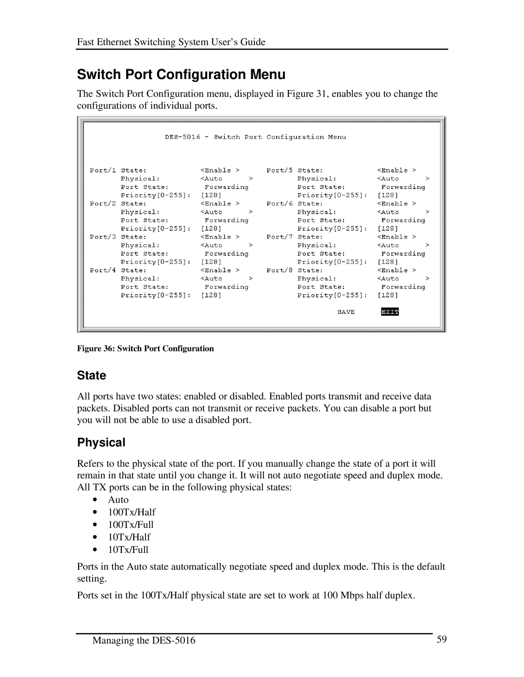 D-Link DES-5016 manual Switch Port Configuration Menu, State, Physical 