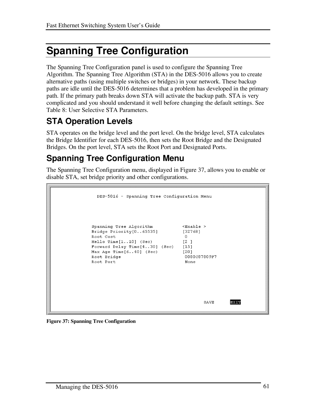 D-Link DES-5016 manual STA Operation Levels, Spanning Tree Configuration Menu 