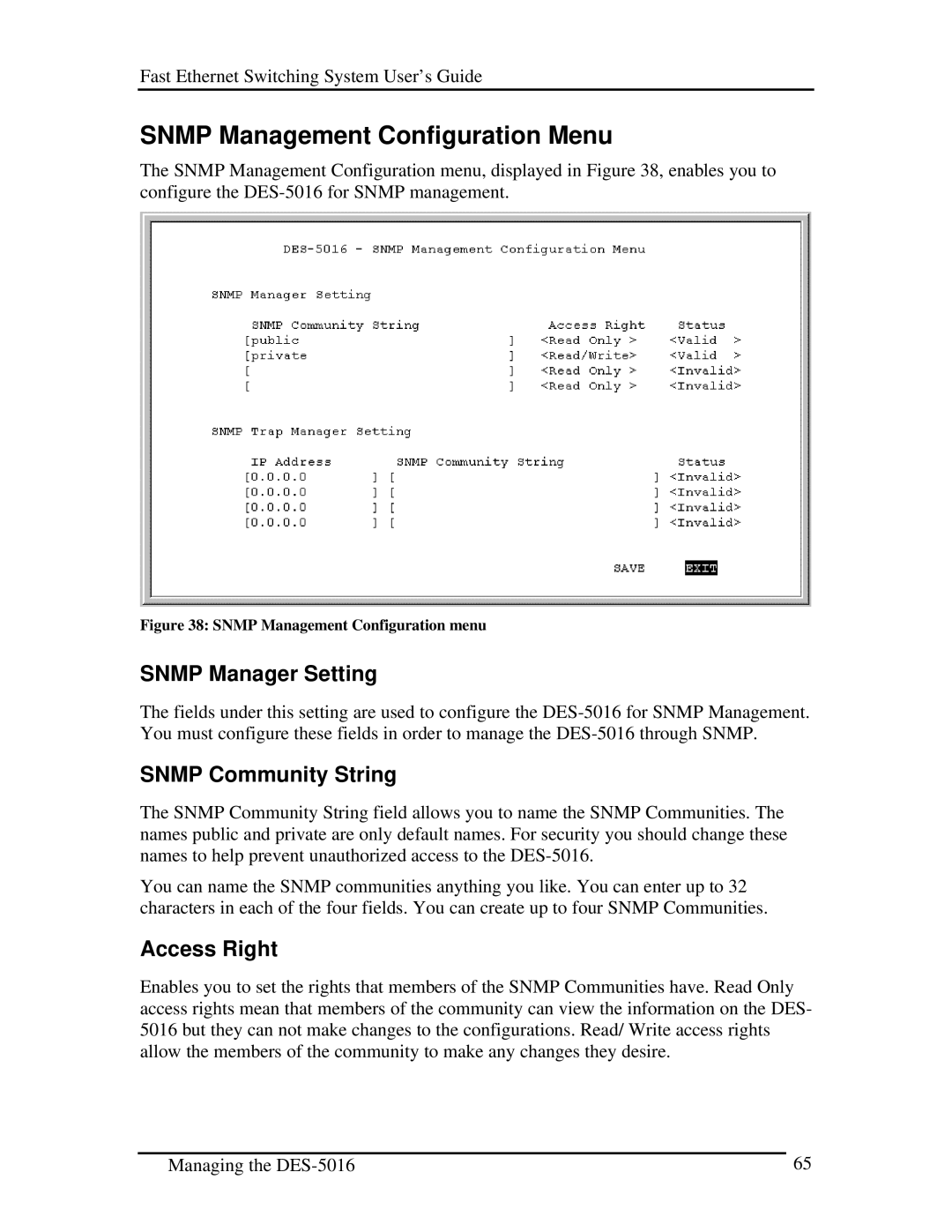 D-Link DES-5016 manual Snmp Management Configuration Menu, Snmp Manager Setting, Snmp Community String, Access Right 