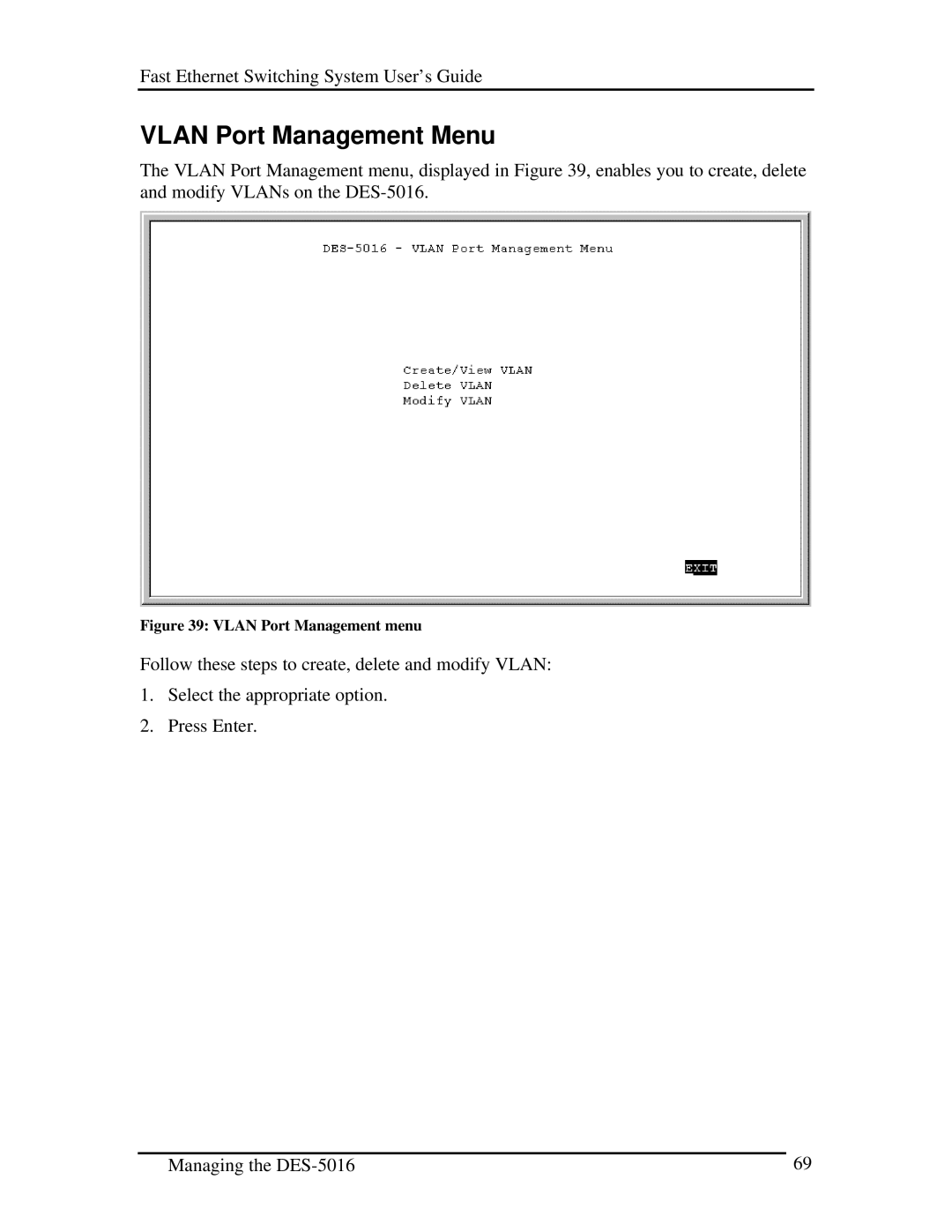 D-Link DES-5016 manual Vlan Port Management Menu, Vlan Port Management menu 