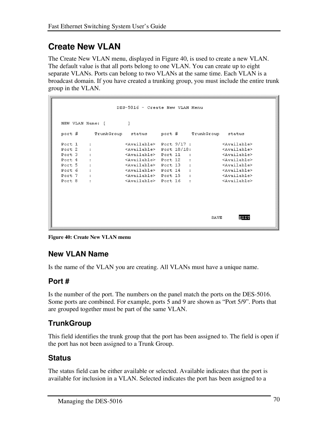 D-Link DES-5016 manual Create New Vlan, New Vlan Name, Port #, TrunkGroup 